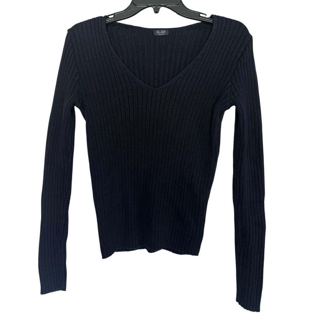 John Galt Brandy Melville Navy Ribbed V-Neck Long Sleeve Sweater Top